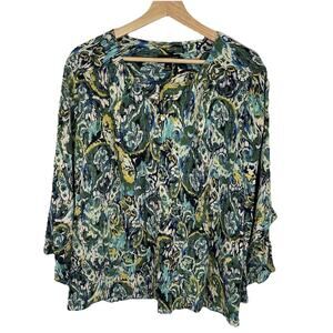 Investments Woman 1X Green Floral Metallic Buttons Lightweight Flowy Artsy